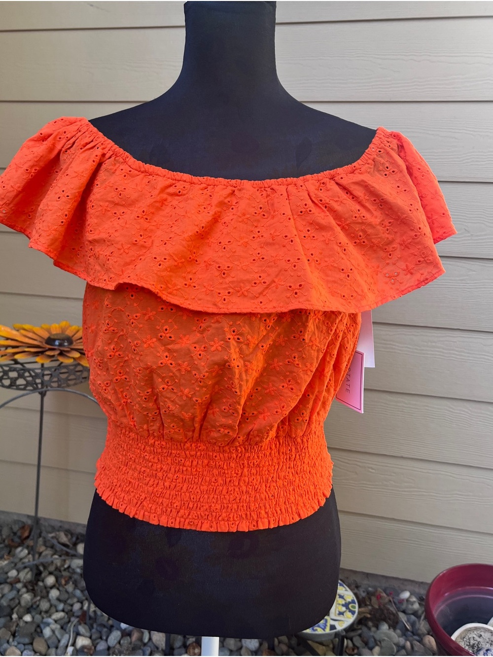 1. State Eyelet Off-Shoulder Smocked Top
